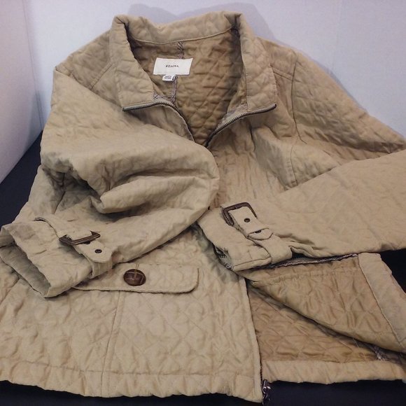 Y2K Merona Diamond Quilted Moto Jacket Women's -M Pockets Full Zip Buckles Tan - Picture 7 of 12